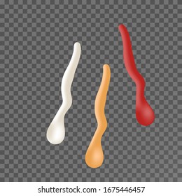 Das Konzept der flüssigen Soße mit Draufsicht. Vektorillustration-Illustration.Verschiedene   Saucen verschüttete Streifen mit Tropfen realistische Vektorillustration Set. Ketschup, Mayonnaise, Senf, appetitliche Kochzutat und 