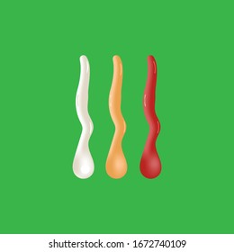 Top view liquid sauce concept.Various   sauces spilled stripes with drops realistic vector set. ketchup, mayonnaise, mustard appetising culinary ingredient and seasoning collection for recipe, menu 