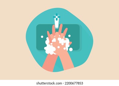 Top view little boy hand washing in sink. Cleaning concept. Flat vector illustrations isolated.
