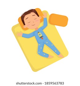 Top View of Little Boy Sleeping Sweetly in his Bed, Bedtime, Sweet Dreams of Adorable Kid Concept Cartoon Style Vector Illustration