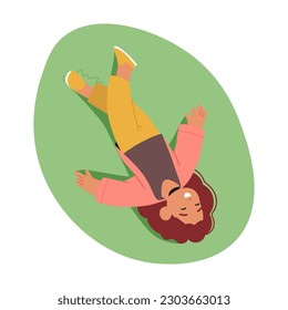 Top View of Little Girl Resting On Green Meadow, Enjoying Nature, Surrounded By Nature's Beauty, Capturing The Essence Of Innocence And Tranquility, Looking Up At The Sky. Cartoon Vector Illustration