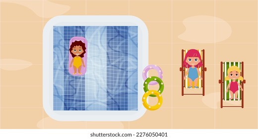 Top view little girls floating on inflatable swimming mattress in the pool. Cartoon characters vector illustration. Girls sunbathing on the deckchair. summer holiday. swimming time