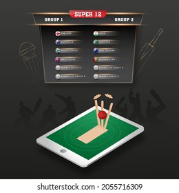 Top View Of Live Cricket Streaming Match On 3D Smartphone And Cricket Cup League List Against Black Background.