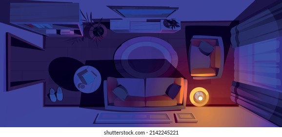 Top View Of Living Room With Sofa, Chair, Tv On Wall, And Bookcases At Night. Vector Cartoon Illustration Of Dark Lounge Interior In House Or Hotel With Couch, Table And Lamp