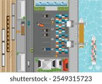 Top view of logistics with warehouse loading hub.Semi trucks for loading or unloading goods, cargo train and Cargo ship at the shipping port.factory, industry and transportation,vector illustration.