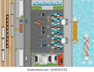 Vista superior da logística com armazém carregando hub.Semi caminhões para carregar ou descarregar mercadorias, trem de carga e navio de carga no porto de transporte. fábrica, indústria e transporte, ilustração vetorial.