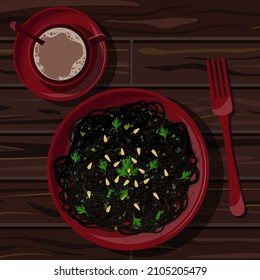 Top view of long black pasta with spices, herbs, pine nuts and parsley in red plate with fork and coffee isolated on wooden table background. Vector illustration.
