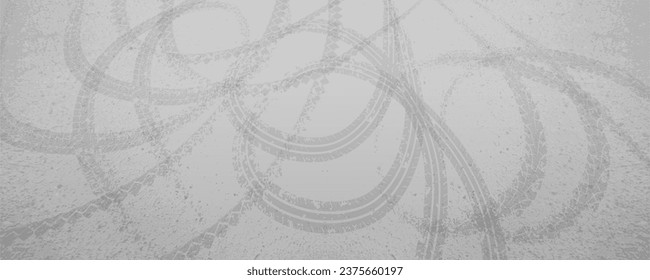 Pistas redondas de neumáticos con forma de bucle en la parte superior de una carretera gris. Grunge el fondo vectorial abstracto con trazas de deriva del coche