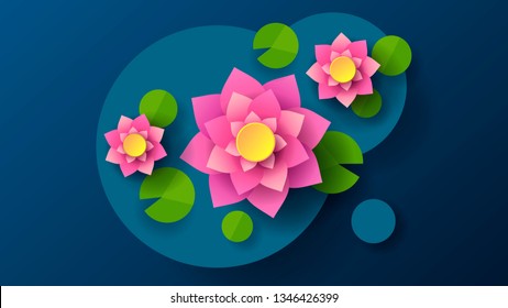 Top View Of Lotus In Cartoon Style Dark Background. Cartoon Vector Illustration. Abstract Pattern. Decorative Element. Design Element.