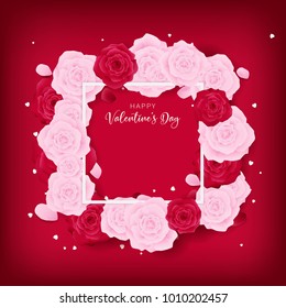 top view love valentine's day square template included white happy valentine's day text and border ,floral is arranged by pink rose and red rose along with white heart glitter on the red background