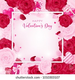 top view love valentine's day square template included white border and happy valentine's day text, floral is arranged by pink rose and red rose along with white heart glitter on the red background