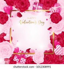 top view love valentine's day square template included golden border and happy valentine's day text, floral is arranged by rose flower and hearts along with white heart glitter on the white background