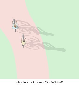 top view of lover riding bicycle on the road with pastel color hand drawn illustration vector.