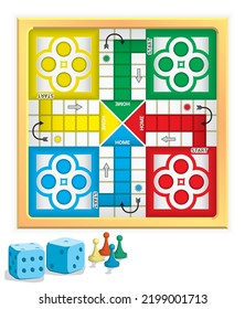 Top view Ludo game board with pawns and cubical dices isolated on white background in vector ilustration