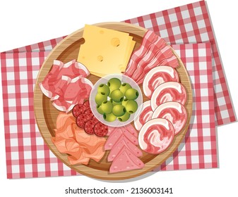 Top view of lunch meat on a wooden tray illustration