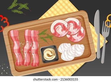 Top view of lunch meat on wooden tray illustration