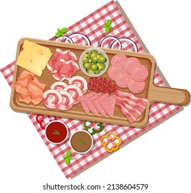 Vista superior de la carne de almuerzo en una ilustración de una bandeja de madera