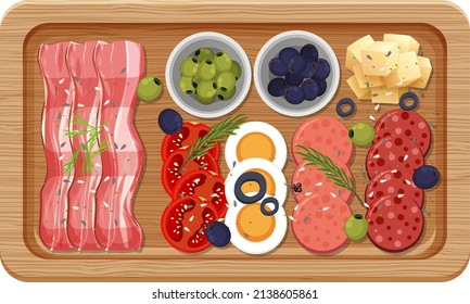 Vista superior de la carne de almuerzo en una ilustración de una bandeja de madera