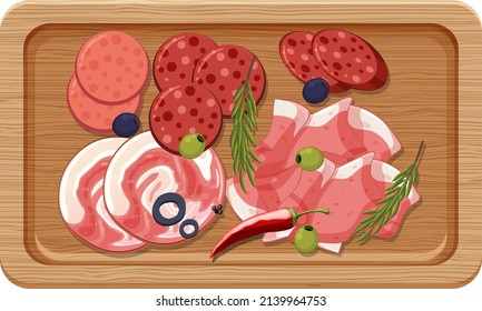 Top view of lunch meat on a wooden tray illustration