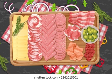Top view of lunch meat on a wooden tray illustration