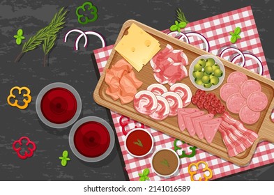 Top view of lunch meat on a wooden tray illustration