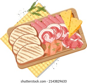 Top view of lunch meat on wooden tray illustration