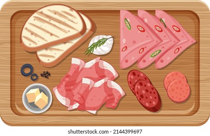 Top view of lunch meat on a wooden tray illustration