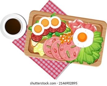 Draufsicht auf das Mittagsfleisch auf Holzfachgrafik