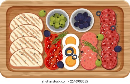 Vista superior de la carne de almuerzo en una ilustración de una bandeja de madera