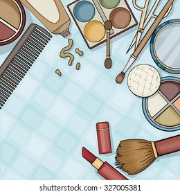 Top view of make up table, with various beauty objects arranged, with space for your text, vector illustration
