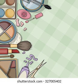 Top view of make up table, with various beauty objects arranged, with space for your text, vector illustration
