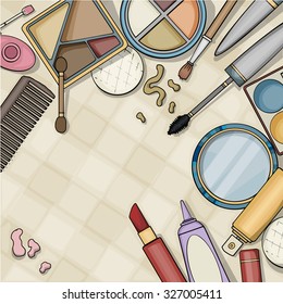 Top View Of Make Up Table, With Various Beauty Objects Arranged, With Space For Your Text, Vector Illustration