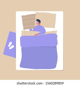 Top view of a male character sleeping in a bedroom, modern interior and lifestyle