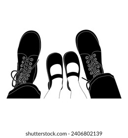 Top view of male and female feet. Funny romantic design. Lovers date. Black and white silhouette.