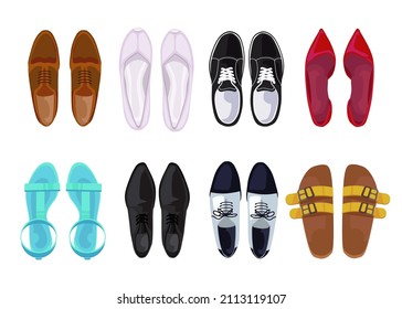 Top view of male and female shoes flat vector illustrations set. Collection of comfortable pairs of sports and business shoes, sneakers, red pumps on white background. Footwear, fashion concept