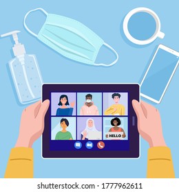 Top view of a man having video conference on tablet with his friends amid COVID-19 pandemic. Vector