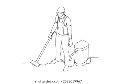 Vista superior de un hombre con un dispositivo de limpieza. Dibujo de una línea de servicio de limpieza