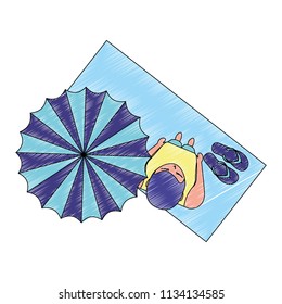 top view man on towel with beach umbrella with sandals