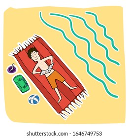 Top view of man relaxing on beach. Man reading a book and lying on a beach mat. Vector.