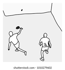 top view man serving the ball in the squash court vector illustration sketch hand drawn with black lines, isolated on white background