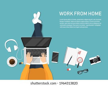 Top view of man sitting work from home with laptop. stay at home stop covid-19. vector illustration in flat style modern design.