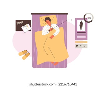 Top view of a man sleeping in bed with connected sleep monitoring app, flat cartoon vector illustration isolated on white background. Sleep stage and depth control.