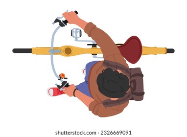 Top View Of A Man Walking With A Bicycle and Backpack. Male Character Showcasing His Movement And The Presence Of The Bicycle As A Means Of Transportation. Cartoon People Vector Illustration