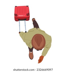 Top View Of Man Walking With Luggage, Symbolizing Travel, Journey, And Exploration. The Image Captures Movement, Independence, And The Excitement Of Male Character. Cartoon People Vector Illustration