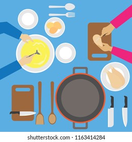 top view of  man working at kitchen table. vector illustration 