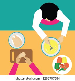top view of  man working at kitchen table. vector illustration 