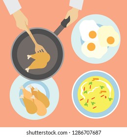 top view of  man working at kitchen table. vector illustration 