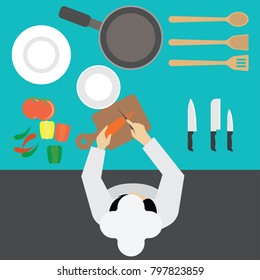 top view of  man working at kitchen table. vector illustration 