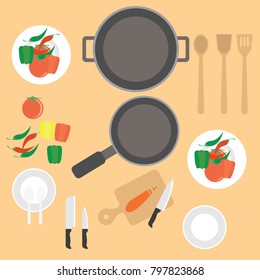 top view of  man working at kitchen table. vector illustration 
