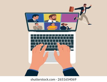 Vista superior do homem trabalhando usando laptop. Trabalhador pulando de chamada de vídeo remota para trabalhar no escritório. As pessoas voltam ao trabalho no escritório, terminam o trabalho remoto e voltam ao trabalho cara a cara.